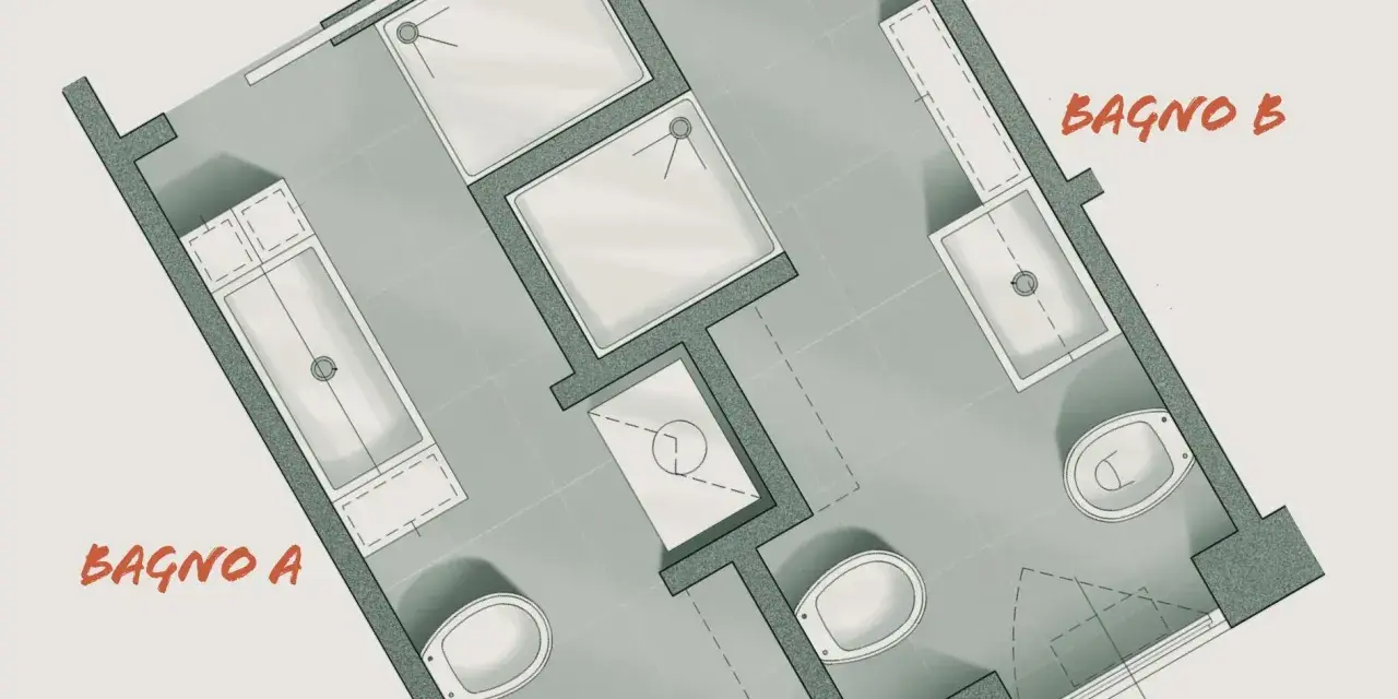 Progetto per ricavare due bagni adiacenti: Bagno A con vasca e lavabo, Bagno B con doccia, vasca e WC.