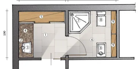 Progetto di un bagno con antibagno senza porta. Include lavabo, doccia, WC e lavatrice.