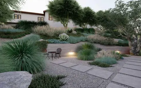 Un giardino moderno con ghiaia, piante succulente e graminacee. Idee originali per un giardino con ghiaia, con un piccolo tavolo e sedie per godersi la tranquillità.