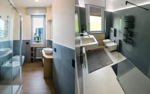 Bagno rettangolare con finestra in fondo, doccia in vetro, lavabo e bidet.