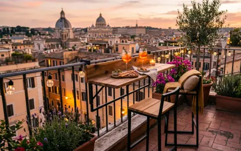 Terrazzo con vista su Roma al tramonto, due aperitivi, stuzzichini e luci soffuse. Perfetto per idee terrazzo romantiche.