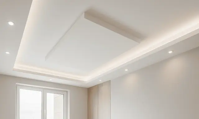 Soffitto moderno in cartongesso con illuminazione a led integrata, un'idea di design per il soggiorno.