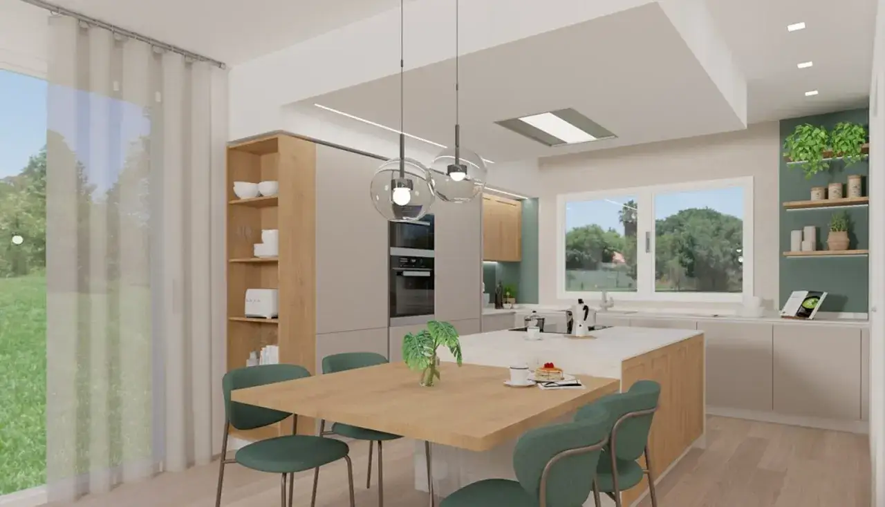 Cucina moderna con isola centrale, sedie verdi e un tavolo in legno. I colori per interni casa sono neutri con tocchi di verde e legno naturale.
