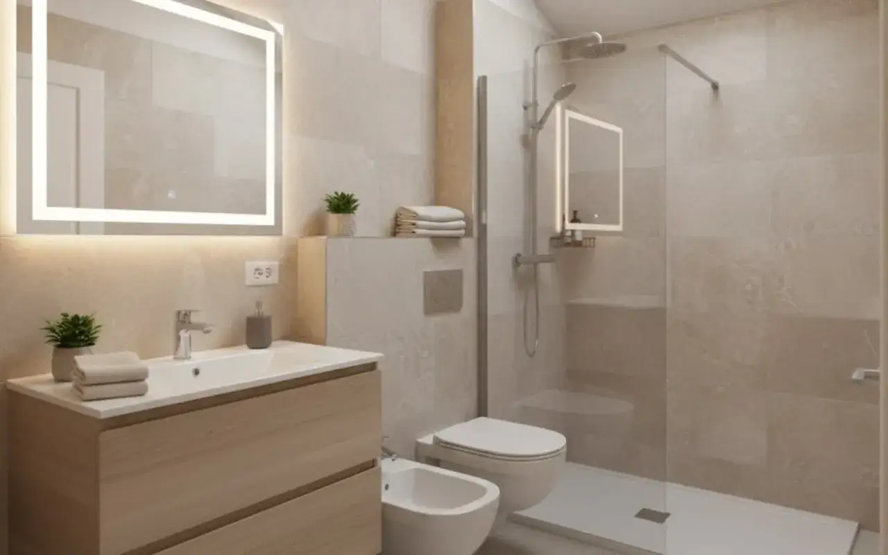 Bagno moderno con mobile in legno, specchio luminoso e doccia a filo pavimento. Ottime idee per arredare bagno con stile e funzionalità.