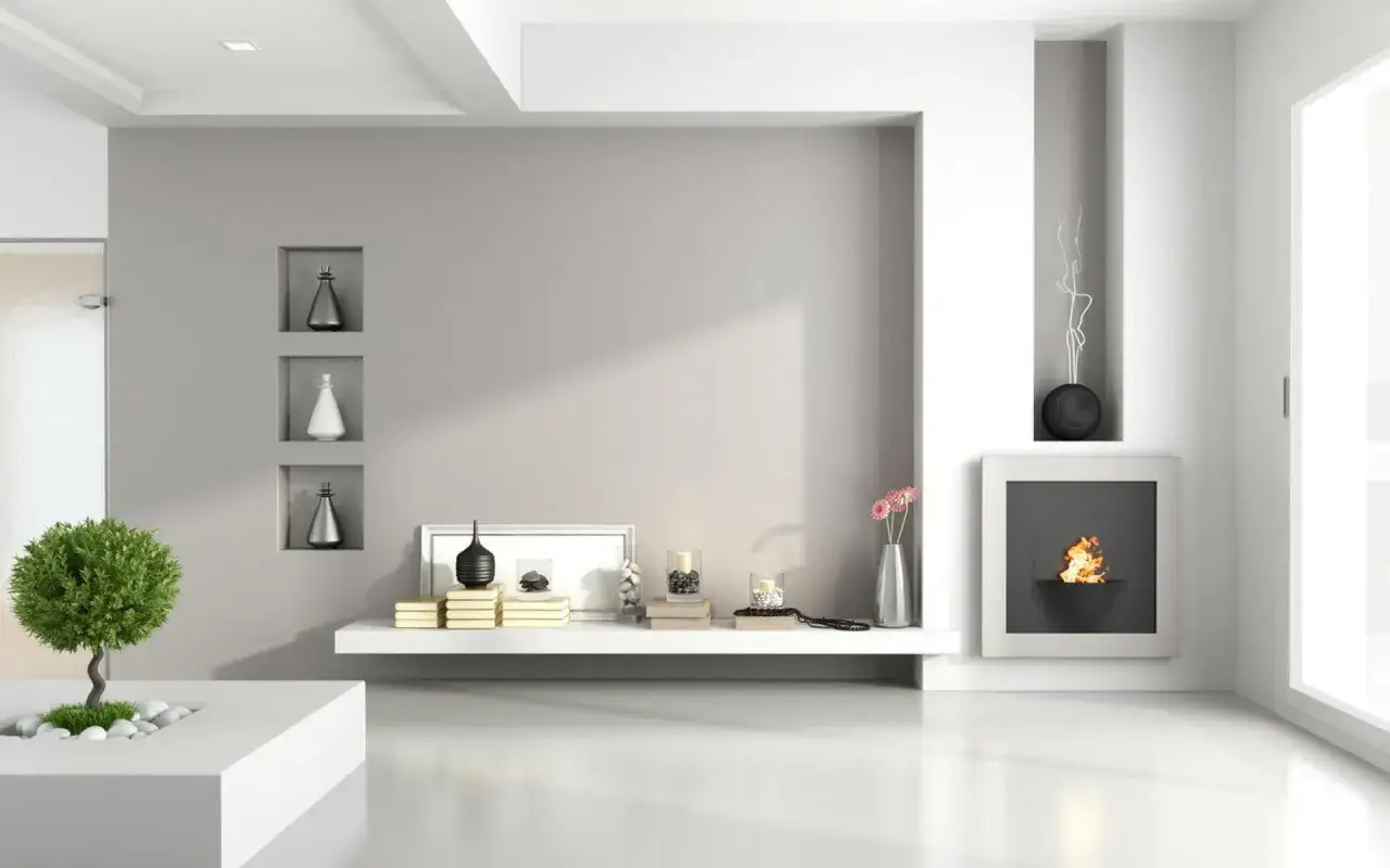 Soggiorno moderno con camino a gas e nicchie decorative. Idee cartongesso soggiorno per un design minimalista.