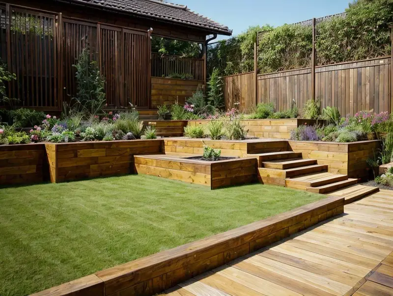 Giardini in pendenza idee: terrazzamenti in legno con prato verde e aiuole fiorite, creando un paesaggio armonioso.