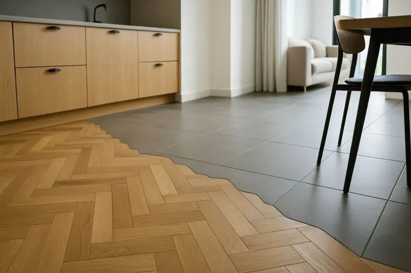 Un pavimento in parquet a spina di pesce incontra piastrelle grigie, un'idea per rifare pavimento con stile.